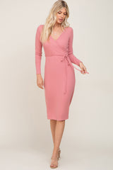 Pink Rib Knit Long Sleeve Maternity Wrap Midi Dress