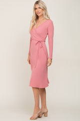 Pink Rib Knit Long Sleeve Wrap Midi Dress