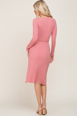 Pink Rib Knit Long Sleeve Wrap Midi Dress