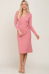 Pink Rib Knit Long Sleeve Wrap Midi Dress