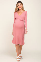 Pink Rib Knit Long Sleeve Maternity Wrap Midi Dress