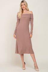 Mocha Ribbed Knit Foldover Off Shoulder Midi Dress