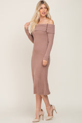 Mocha Ribbed Knit Foldover Off Shoulder Midi Dress