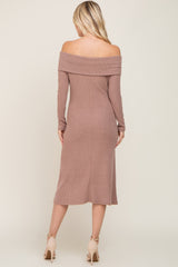 Mocha Ribbed Knit Foldover Off Shoulder Midi Dress