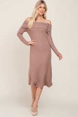 Mocha Ribbed Knit Foldover Off Shoulder Midi Dress