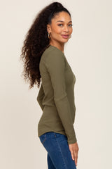 Olive Ribbed Scoop Neck Long Sleeve Top