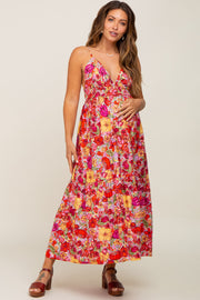 Red Floral Open Back Maternity Maxi Dress