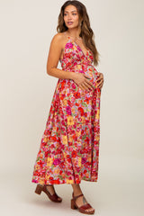 Red Floral Open Back Maternity Maxi Dress