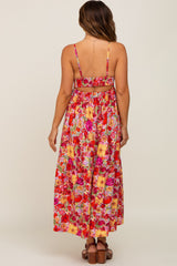 Red Floral Open Back Maternity Maxi Dress