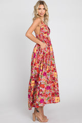 Red Floral Open Back Maxi Dress