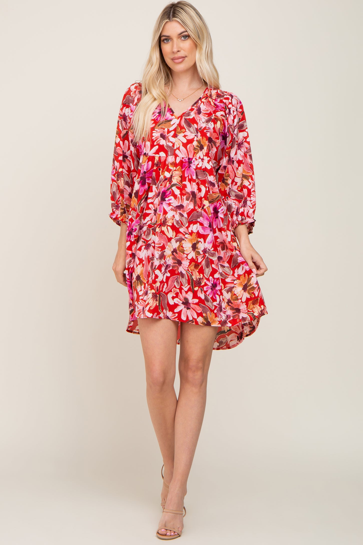 Red Floral Long Sleeve Dress – PinkBlush