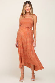 Rust Gingham Smocked Hi-Lo Maternity Maxi Dress