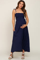 Navy Gingham Smocked Hi-Lo Maternity Maxi Dress