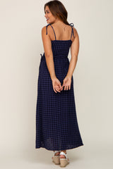 Navy Gingham Smocked Hi-Lo Maternity Maxi Dress