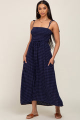 Navy Gingham Smocked Hi-Lo Maternity Maxi Dress