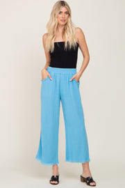 Aqua Blue Linen Frayed Hem Crop Pants