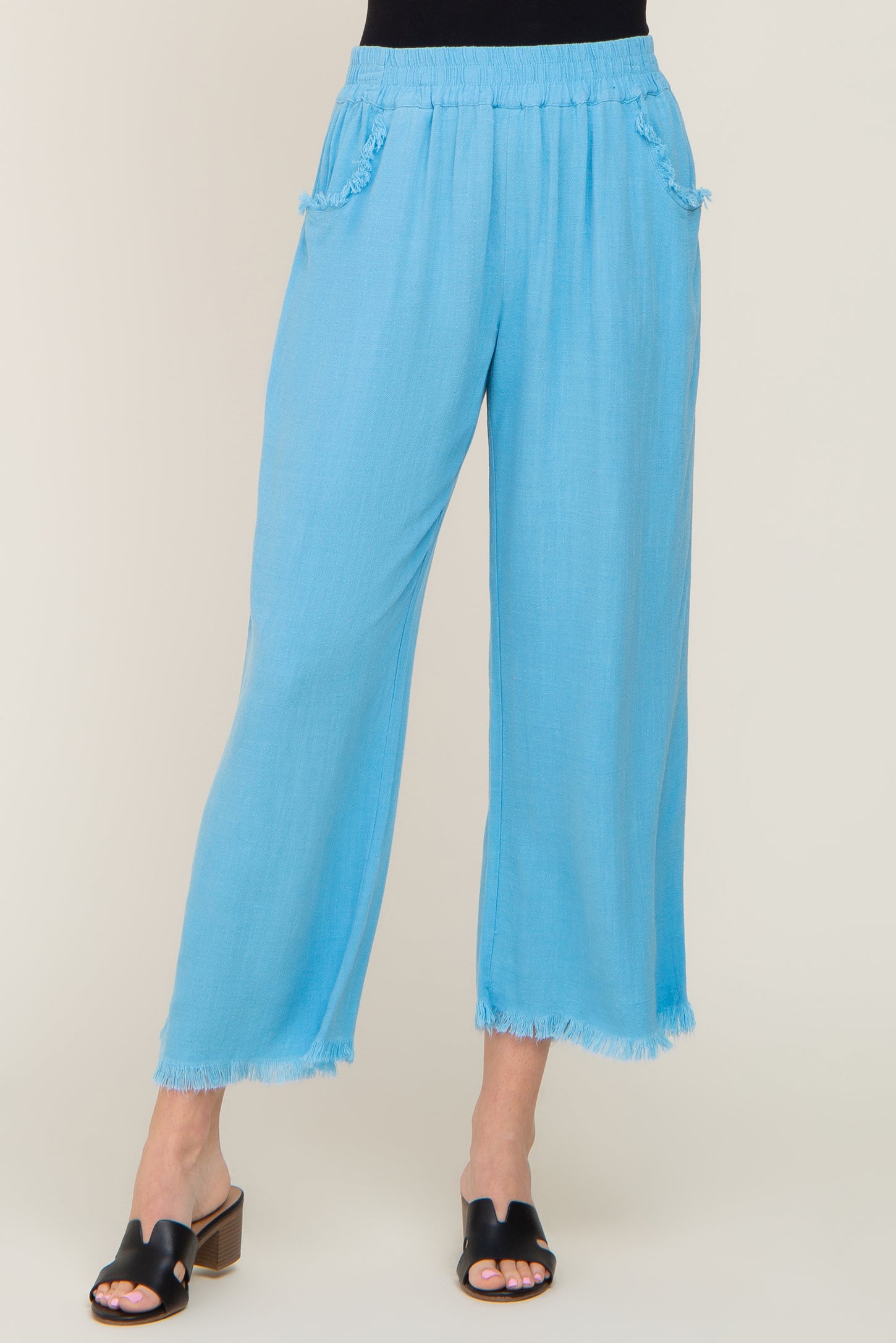 Aqua Blue Linen Frayed Hem Crop Pants– PinkBlush