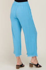 Aqua Blue Linen Frayed Hem Crop Pants