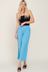 Aqua Blue Linen Frayed Hem Crop Pants