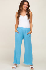 Aqua Blue Linen Frayed Hem Crop Maternity Pants