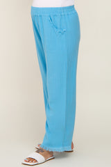 Aqua Blue Linen Frayed Hem Crop Maternity Pants