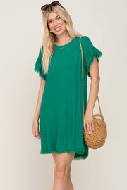 Green Frayed Trim Back Keyhole Linen Dress