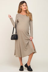 Light Olive Striped Side Slit Maternity Midi Dress