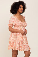 Peach Floral Puff Sleeve Smocked Mini Dress