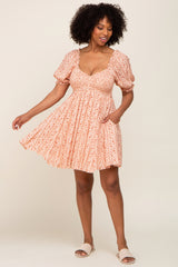 Peach Floral Puff Sleeve Smocked Mini Dress