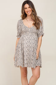 Cream Floral Puff Sleeve Smocked Maternity Mini Dress