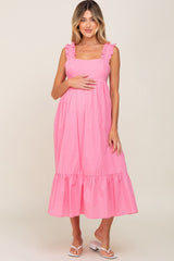 Pink Ruffle Accent Back Tie Maternity Midi Dress