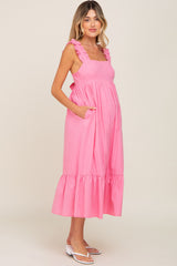 Pink Ruffle Accent Back Tie Maternity Midi Dress