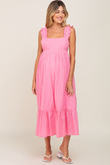 Pink Ruffle Accent Back Tie Maternity Midi Dress