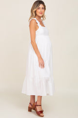 White Ruffle Accent Back Tie Maternity Midi Dress