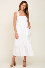 White Ruffle Accent Back Tie Maternity Midi Dress