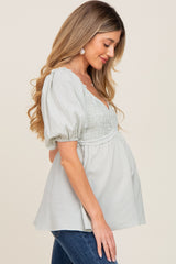 Mint Green Gingham Smocked Puff Sleeve Maternity Top