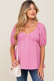 Fuchsia Gingham Smocked Puff Sleeve Maternity Top