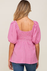 Fuchsia Gingham Smocked Puff Sleeve Maternity Top