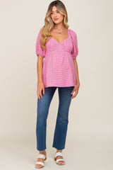 Fuchsia Gingham Smocked Puff Sleeve Maternity Top