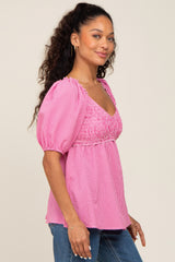 Fuchsia Gingham Smocked Puff Sleeve Top