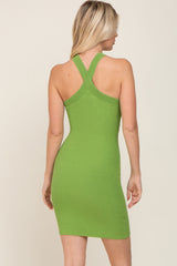 Green Ribbed Knit Halter Neck Fitted Dress