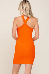 Orange Ribbed Knit Halter Neck Fitted Dress