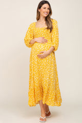 Yellow Floral Smocked Tie Back Maternity Midi Dress