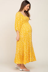 Yellow Floral Smocked Tie Back Maternity Midi Dress