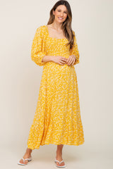 Yellow Floral Smocked Tie Back Maternity Midi Dress