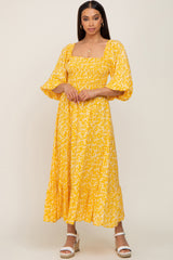 Yellow Floral Smocked Tie Back Maternity Midi Dress