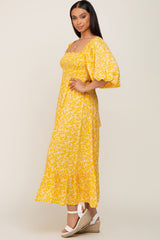 Yellow Floral Smocked Tie Back Midi Dress