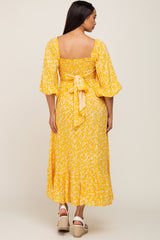 Yellow Floral Smocked Tie Back Midi Dress