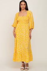 Yellow Floral Smocked Tie Back Midi Dress