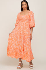 Coral Floral Smocked Tie Back Midi Dress